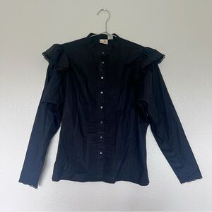 LIZ CLAIBORNE Vintage Ruffle Cotton Button Down in Black SZ 10